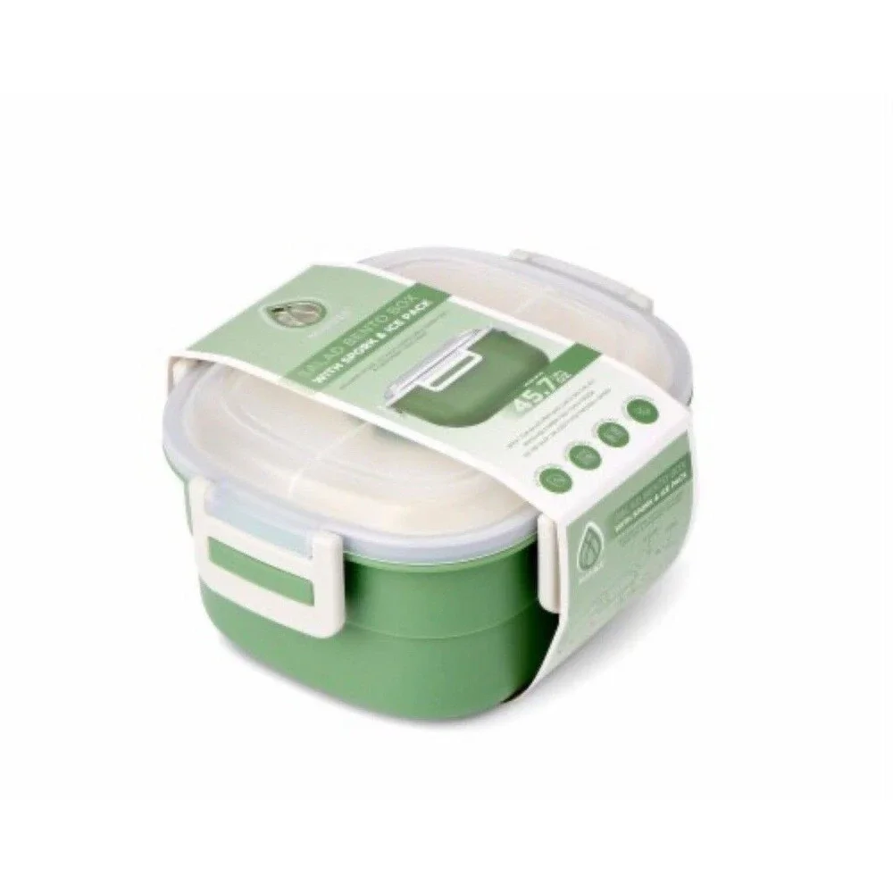 Salad Bento Box Container 4-Compartment Tray with‎ Spork & Ice Pack Green